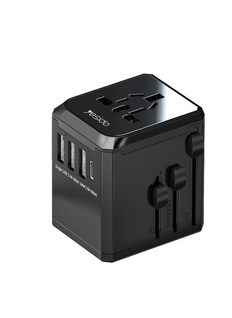 Yesido - Yesido MC10 Universal Adapter 4 in 1 Portable Charger Plug Convert Adapter UK/EU/US/AUS Plug  - Black - Image 1