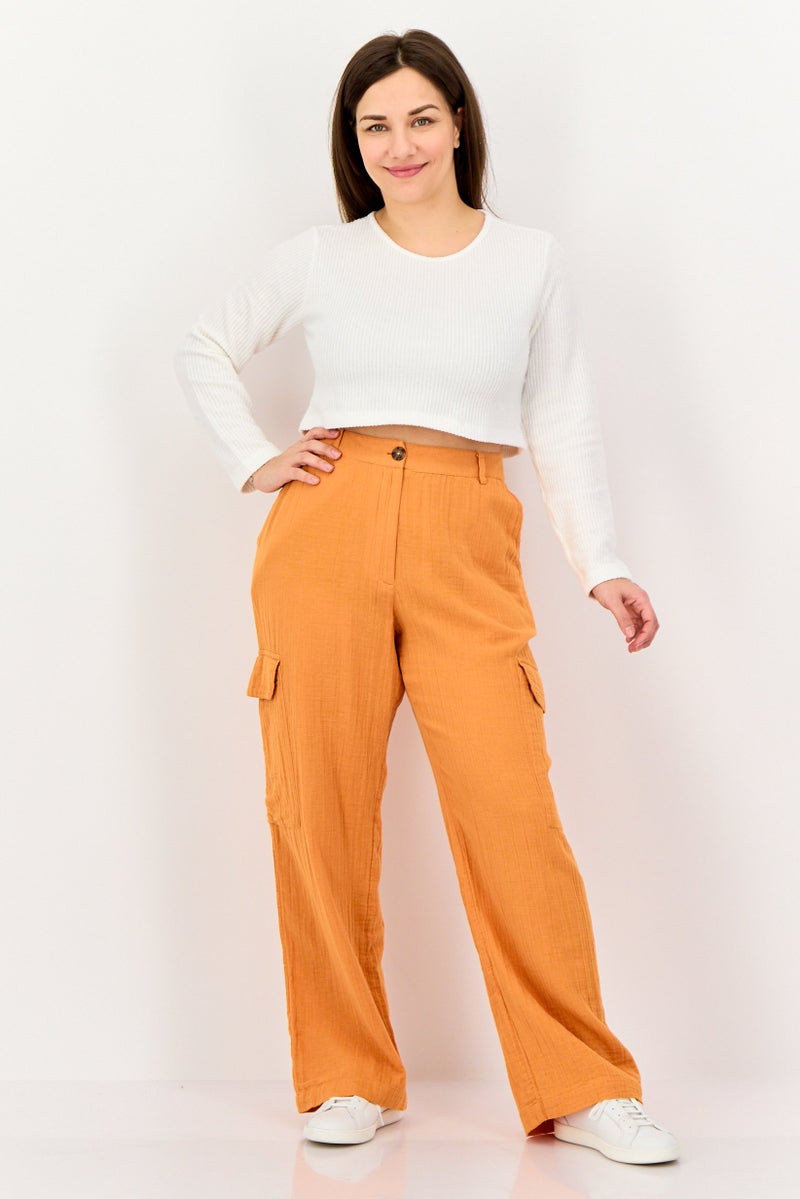 promod Women Regular Fit Textured Cargo Pants, Orange - Image 3