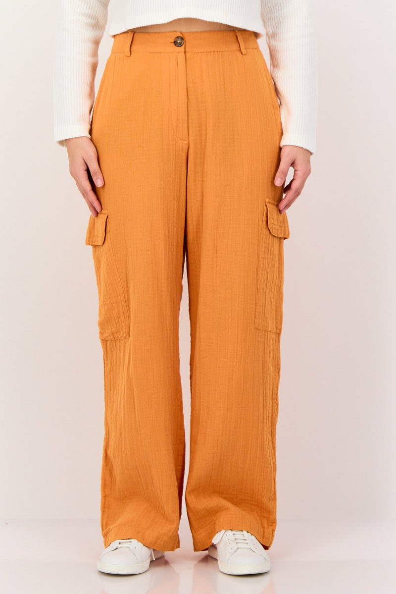 promod Women Regular Fit Textured Cargo Pants, Orange - Image 1