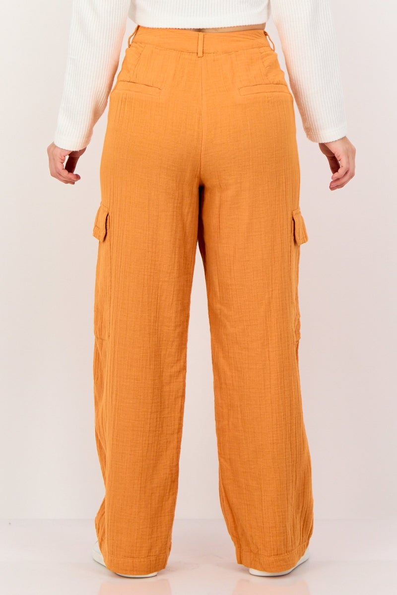 promod Women Regular Fit Textured Cargo Pants, Orange - Image 2