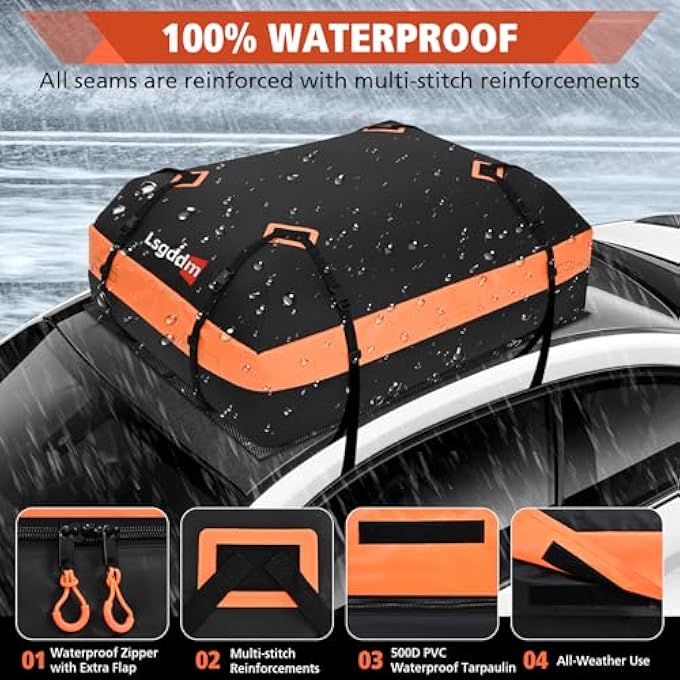 rayihni Car Top Carrier, Waterproof Soft-Shell Roof Bag, 15 Cubic Feet Rooftop Luggage Bag for All Vehicles with/Without Rack, Includes Anti-Slip Mat, 4 Door Hooks, Luggage Lock, Storage Bag - Image 3