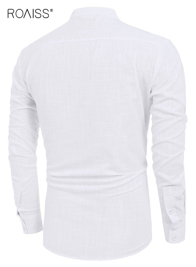 roaiss Men's Cotton Linen  Shirt Long Sleeve Hippie Casual Beach T Shirts Solid Color Shirt Loose Stand Collar Shirt Breathable Pullover Button Decoration Blouse White  - Image 4