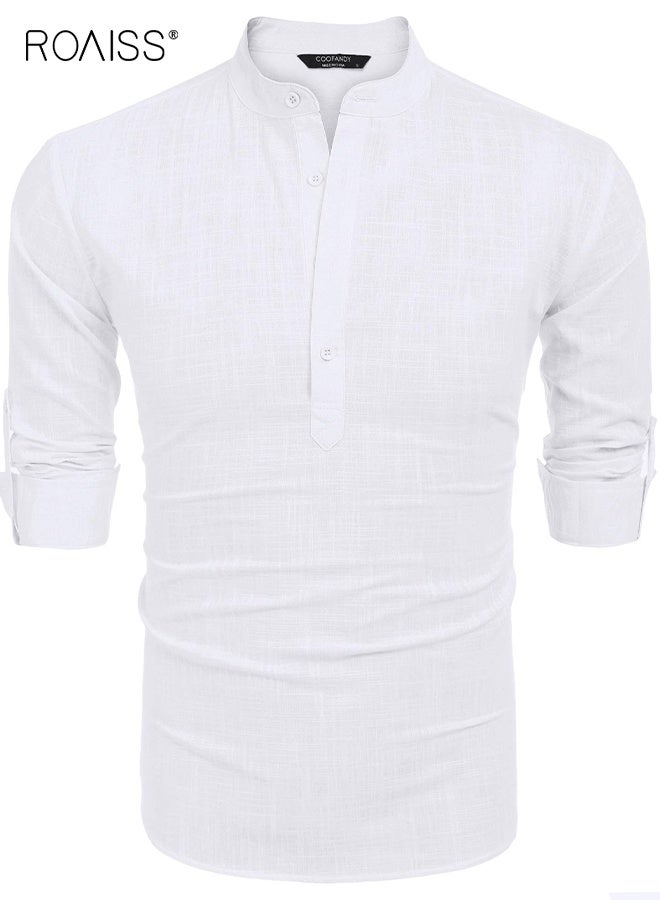 roaiss Men's Cotton Linen  Shirt Long Sleeve Hippie Casual Beach T Shirts Solid Color Shirt Loose Stand Collar Shirt Breathable Pullover Button Decoration Blouse White  - Image 3
