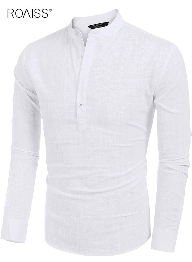 roaiss Men's Cotton Linen  Shirt Long Sleeve Hippie Casual Beach T Shirts Solid Color Shirt Loose Stand Collar Shirt Breathable Pullover Button Decoration Blouse White  - Image 2