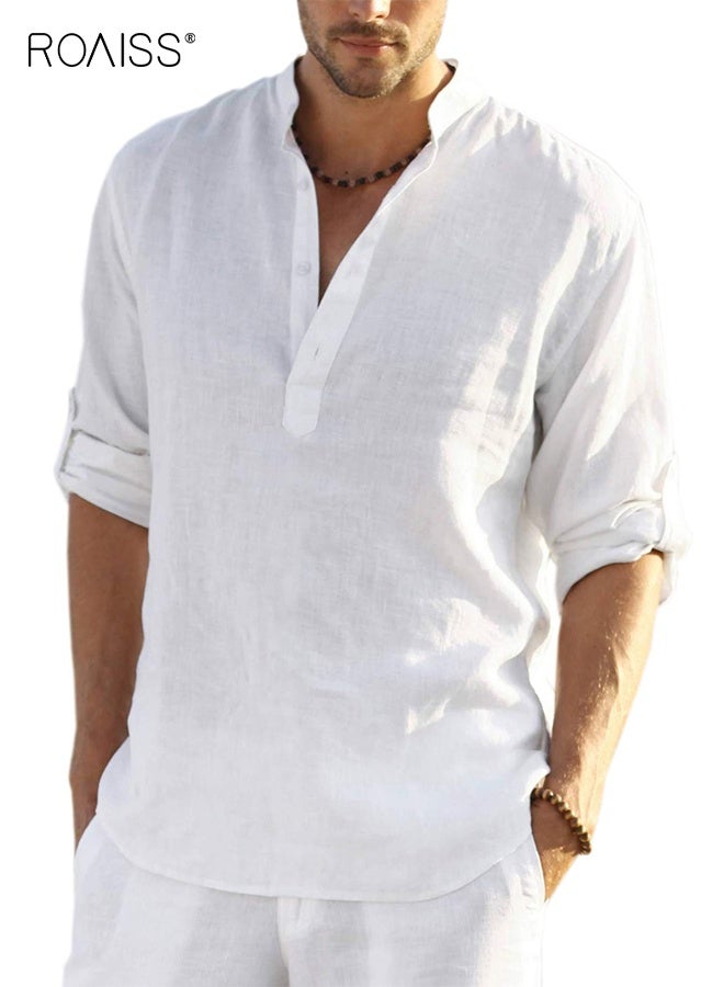 roaiss Men's Cotton Linen  Shirt Long Sleeve Hippie Casual Beach T Shirts Solid Color Shirt Loose Stand Collar Shirt Breathable Pullover Button Decoration Blouse White  - Image 1