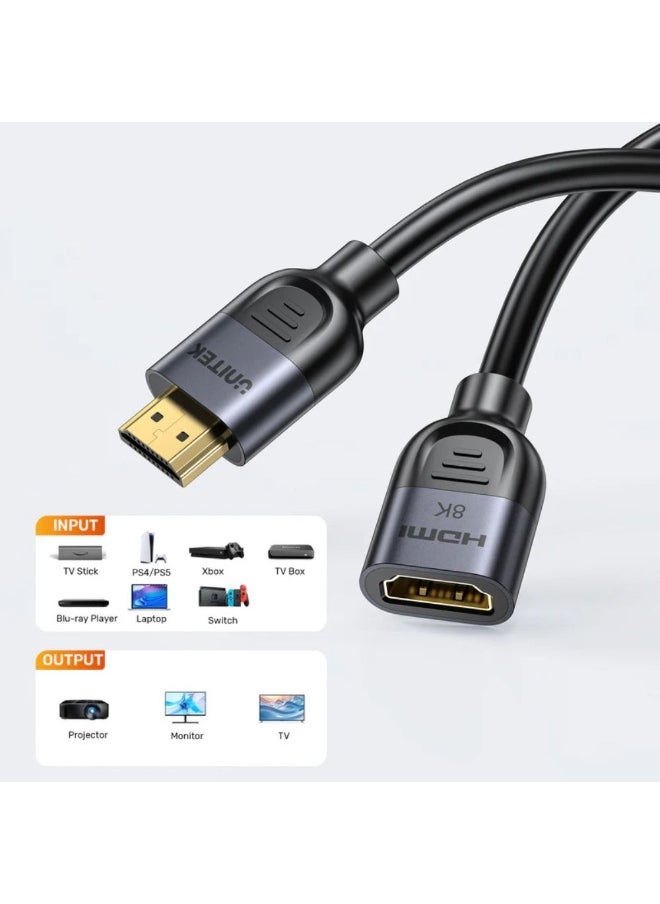 Unitek Ultra Stream 8K HDMI Extension Cable, Black – High-Speed HDMI 2.1 Extension Supporting 8K@60Hz, 4K@120Hz, HDR, Dolby Vision, eARC, and 48Gbps Bandwidth – 0.5 Meter