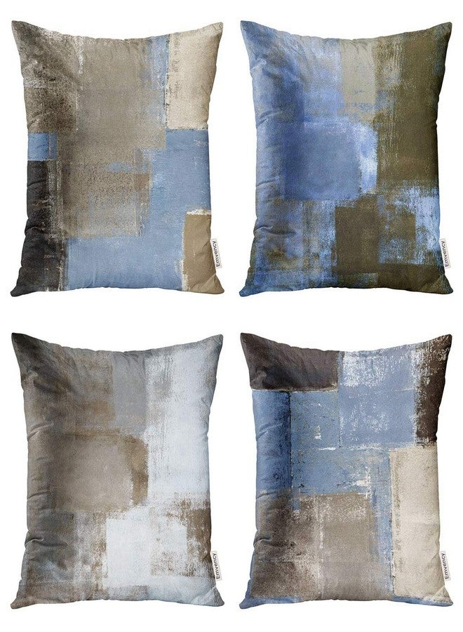 Taysta Set of 4 Linen Throw Pillow Cover Case Blue and Beige Grey and Brown Abstract Art Decorative Pillow Cases Covers Home Decor Square 18x18 Inches Pillowcases - Image 1