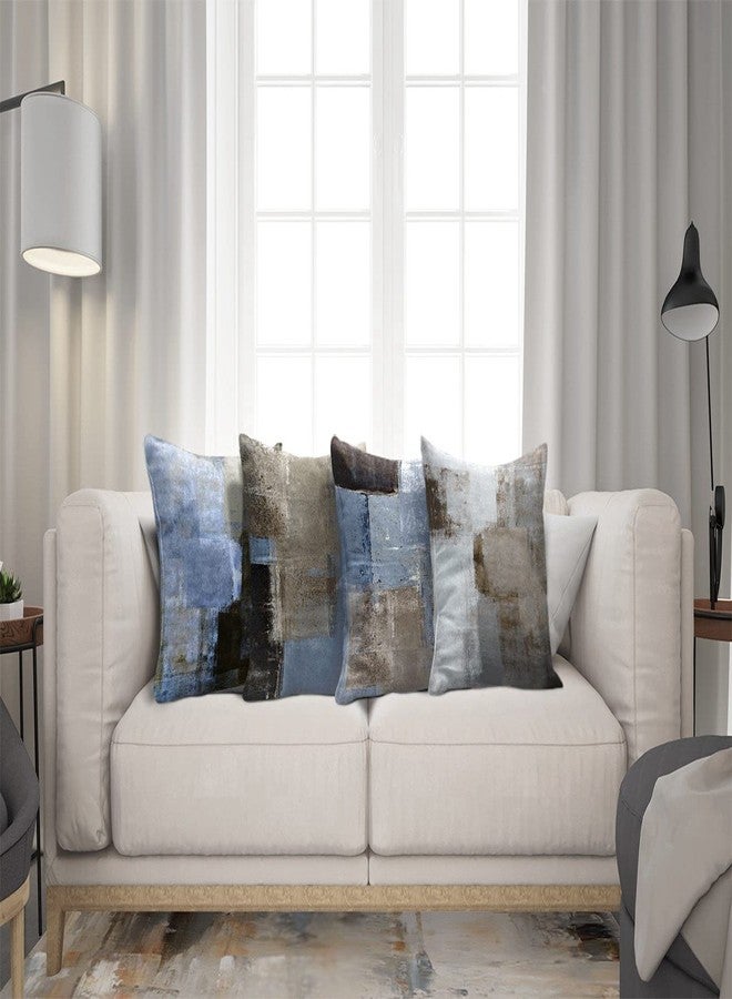 Taysta Set of 4 Linen Throw Pillow Cover Case Blue and Beige Grey and Brown Abstract Art Decorative Pillow Cases Covers Home Decor Square 18x18 Inches Pillowcases - Image 2