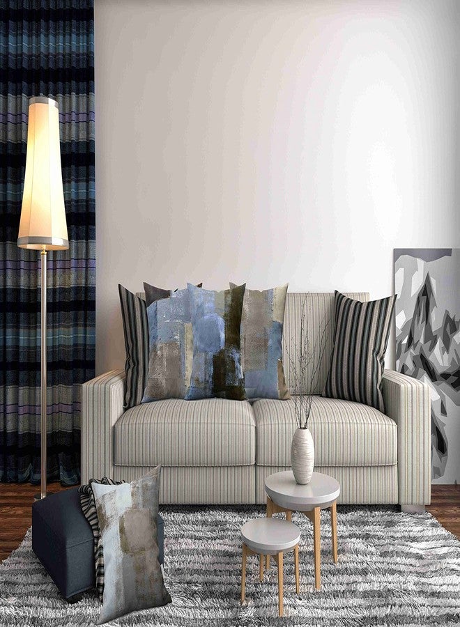 Taysta Set of 4 Linen Throw Pillow Cover Case Blue and Beige Grey and Brown Abstract Art Decorative Pillow Cases Covers Home Decor Square 18x18 Inches Pillowcases - Image 3