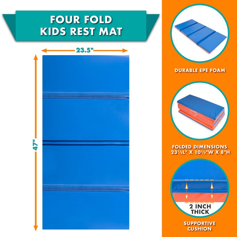 ProSource Four-Fold Kids Rest Mat, 2-inch Thick Sleeping Mats for Kids, Foam Folding Mat for Child Comfort, 48-in - Blue/Red - Image 2