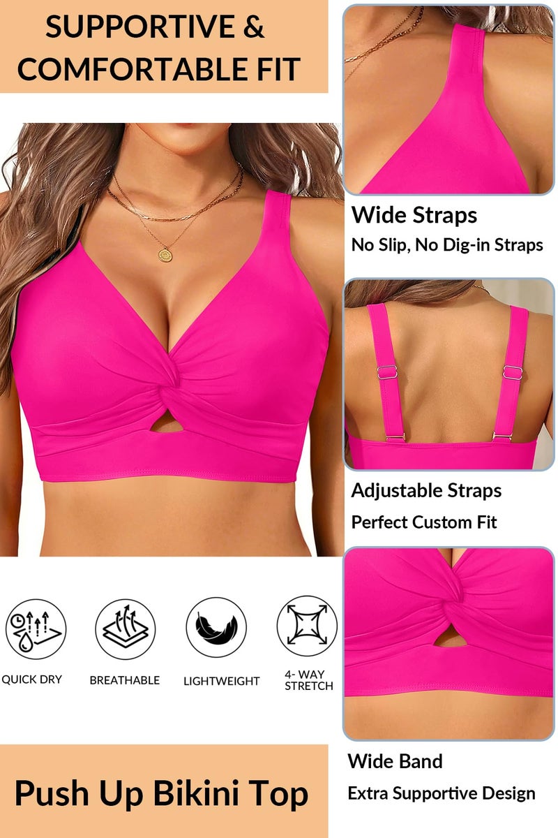 Yonique Women Bikini Top Only - Supportive Swimsuit Top Large Bust Bathing Suit Top 2025 Cut Out Twist Swim Top Hot Pink M - Image 5