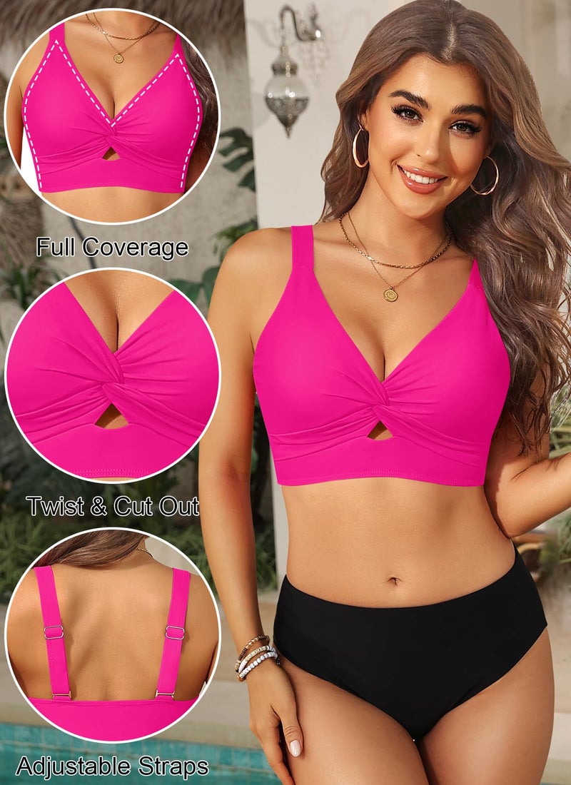 Yonique Women Bikini Top Only - Supportive Swimsuit Top Large Bust Bathing Suit Top 2025 Cut Out Twist Swim Top Hot Pink M - Image 4