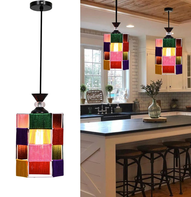 Groeien Crystal Silk Weave Loom Metal Hanging Pendant Ceiling Lamp Fixture | Chandelier for Home, Indoor, Outdoor,Living Room, Bedroom(Bulb Included)(Silk-WrapHex, 1) - Image 1
