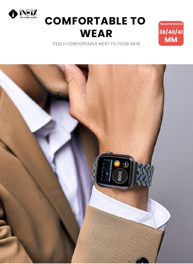INEIX - Braided Nylon Adjustable Solo Loop Band For Apple Watch 38/40/41 mm - Blue/White - Image 1