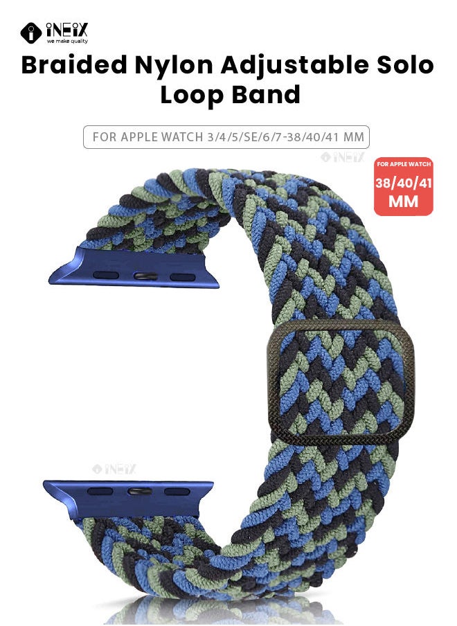 INEIX - Braided Nylon Adjustable Solo Loop Band For Apple Watch 38/40/41 mm - Blue/White - Image 1