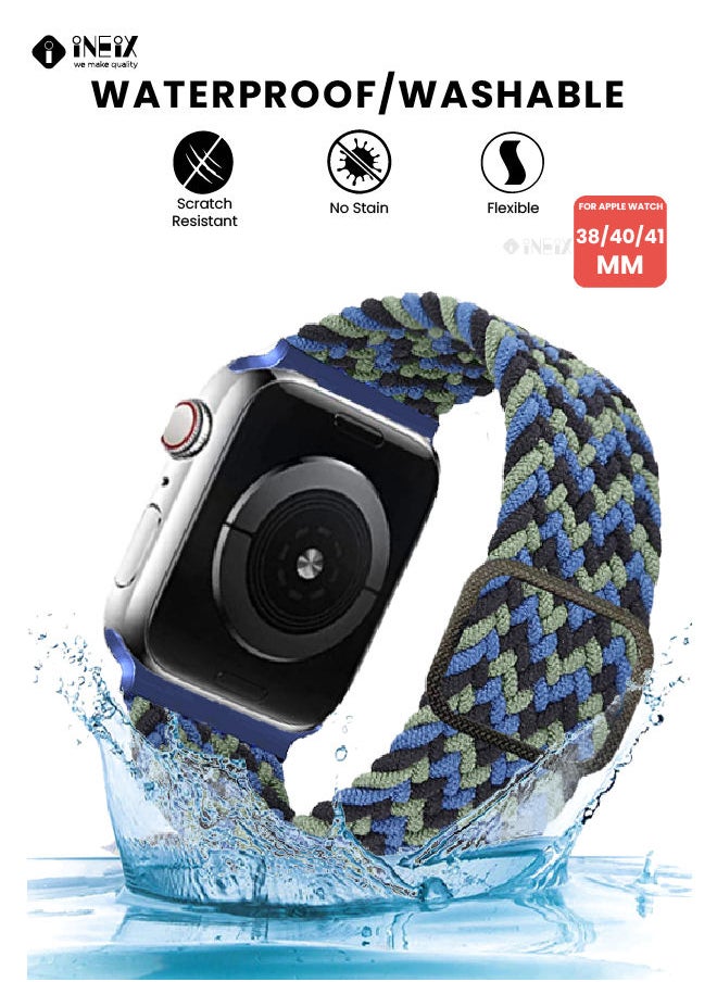 INEIX - Braided Nylon Adjustable Solo Loop Band For Apple Watch 38/40/41 mm - Blue/White - Image 1