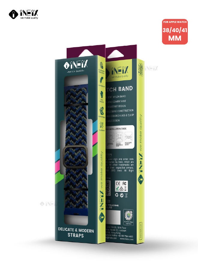 INEIX - Braided Nylon Adjustable Solo Loop Band For Apple Watch 38/40/41 mm - Blue/White - Image 1