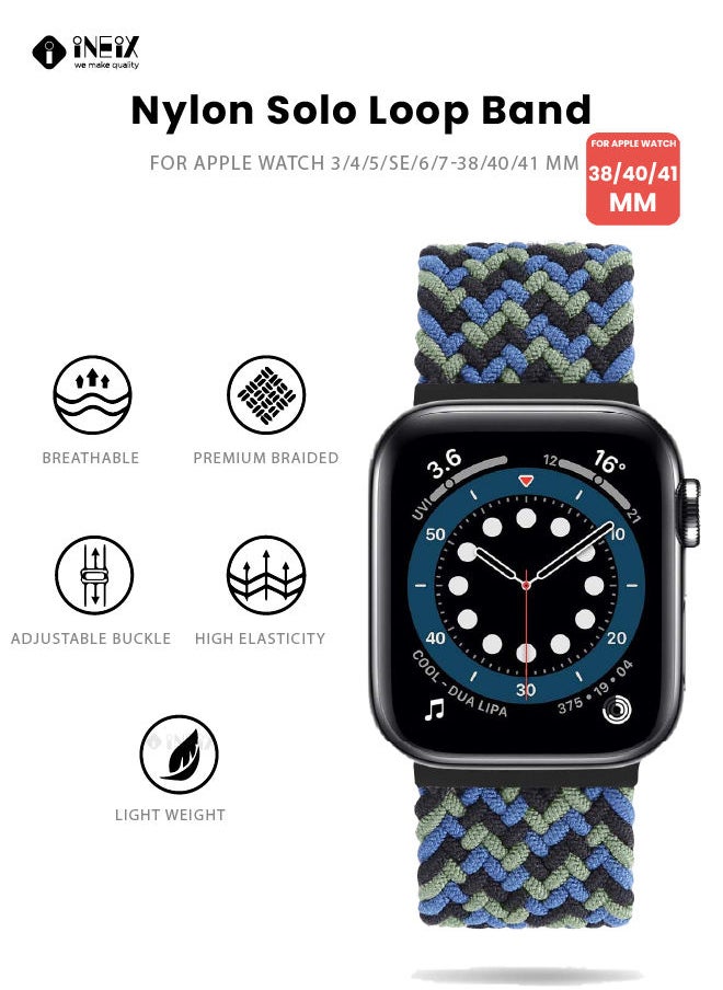 INEIX - Braided Nylon Adjustable Solo Loop Band For Apple Watch 38/40/41 mm - Blue/White - Image 1