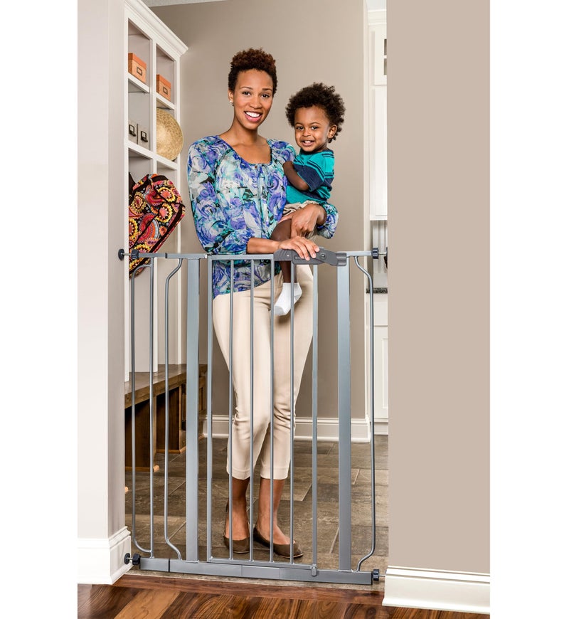 Regalo Regalo Easy Step Extra Tall Walk Thru Baby Gate Bonus Kit Includes 4Inch Extension Kit 1 Pack of Pressure Mount Kit and Wall Mount Kit Platinum 