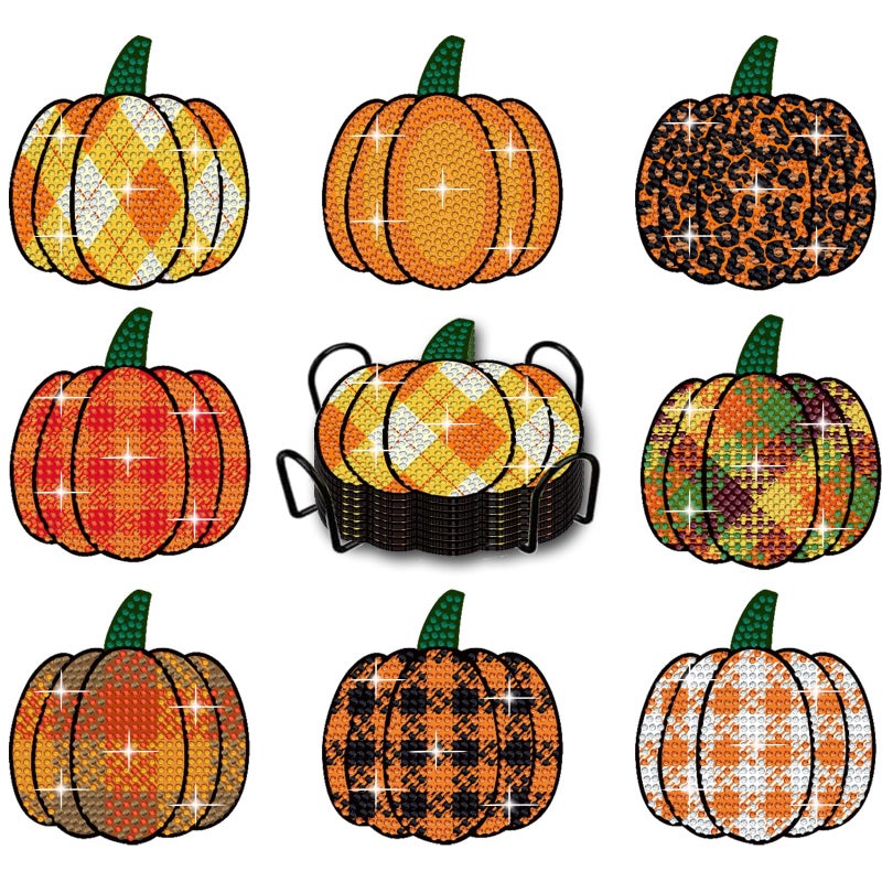 8 Pieces Fall Pumpkin Diamond Art Painting Coasters with Holder DIY DIY Autumn Diamond Art Painting Kit Diamond Coasters for Adults Kids Crafts Gift Beginner