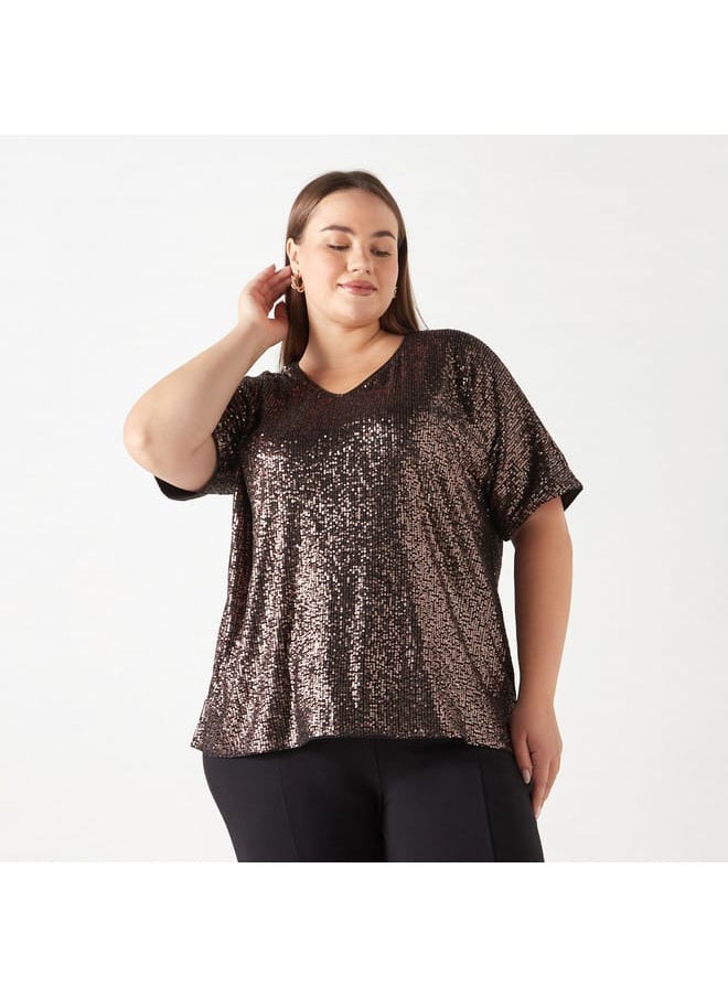 Ulla Popken Plus Size Ulla Popken Embellished V-Neck Top  - Image 1