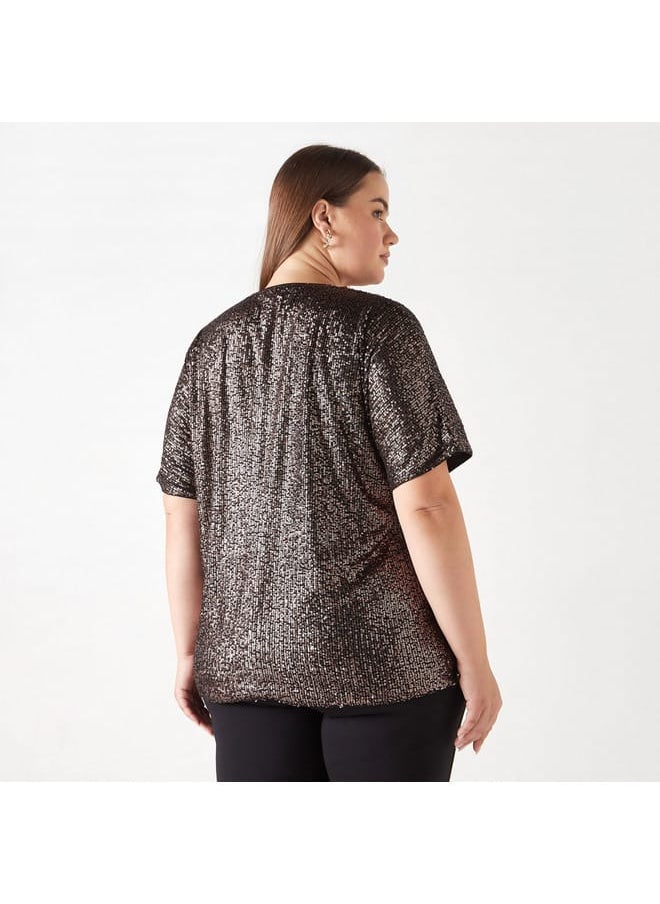 Ulla Popken Plus Size Ulla Popken Embellished V-Neck Top  - Image 3