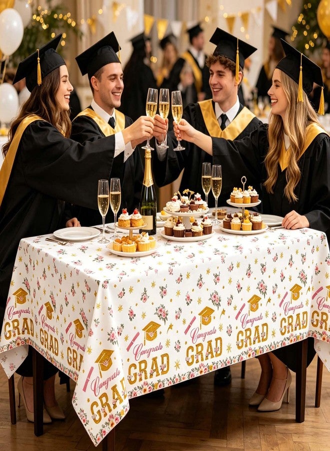 Qpout 3 Pack Graduation Tablecloth, Pink Gold Floral Congrats Grad Table Cover, Disposable Plastic Rectangle Table Cloths for Class of 2026, High School College Graduation Party Decorations & Supplies - Image 4