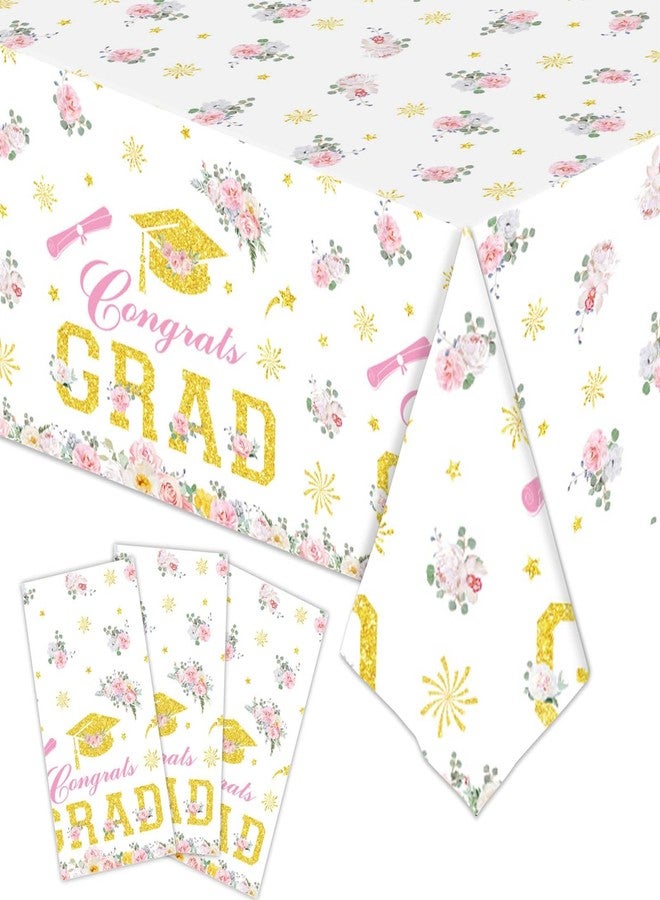 Qpout 3 Pack Graduation Tablecloth, Pink Gold Floral Congrats Grad Table Cover, Disposable Plastic Rectangle Table Cloths for Class of 2026, High School College Graduation Party Decorations & Supplies - Image 1
