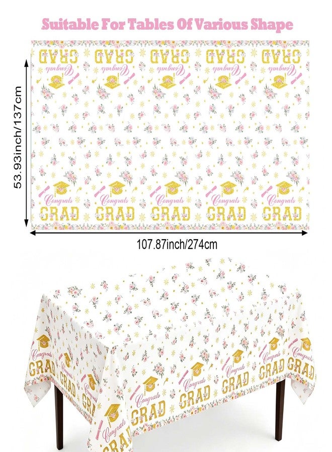 Qpout 3 Pack Graduation Tablecloth, Pink Gold Floral Congrats Grad Table Cover, Disposable Plastic Rectangle Table Cloths for Class of 2026, High School College Graduation Party Decorations & Supplies - Image 2