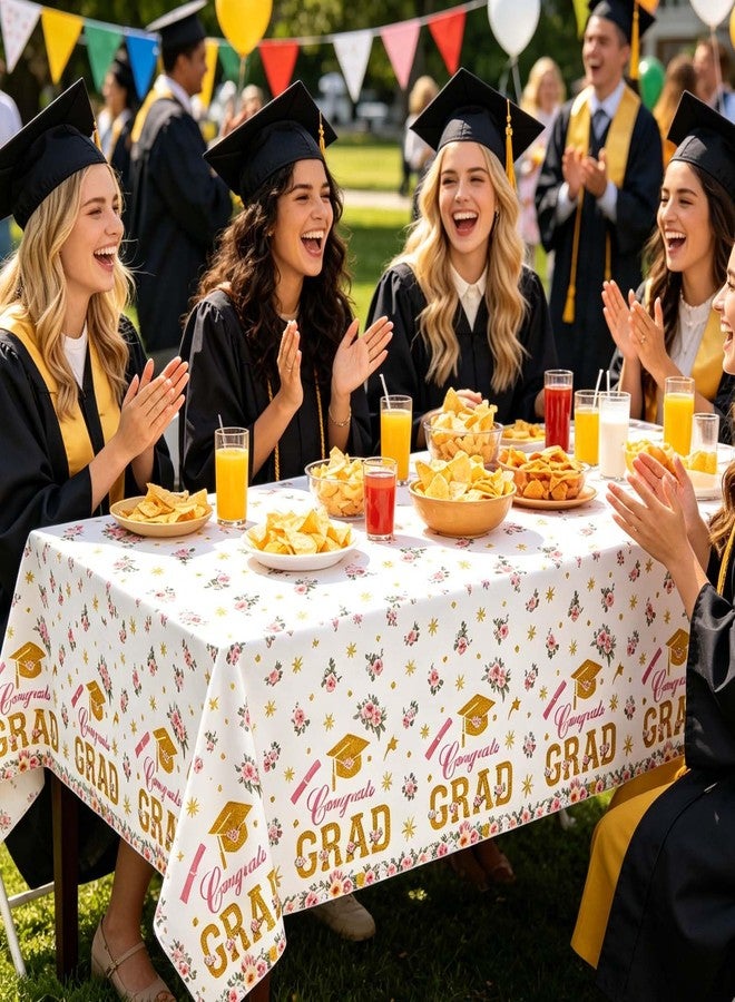 Qpout 3 Pack Graduation Tablecloth, Pink Gold Floral Congrats Grad Table Cover, Disposable Plastic Rectangle Table Cloths for Class of 2026, High School College Graduation Party Decorations & Supplies - Image 3