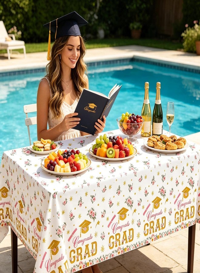 Qpout 3 Pack Graduation Tablecloth, Pink Gold Floral Congrats Grad Table Cover, Disposable Plastic Rectangle Table Cloths for Class of 2026, High School College Graduation Party Decorations & Supplies - Image 5