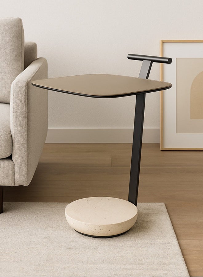 YI ONE Corner Table – Stainless Steel & Natural Marble Side Table with Leather Finish, 2-Tier Design for Sofa or Bed, beige color - Image 1
