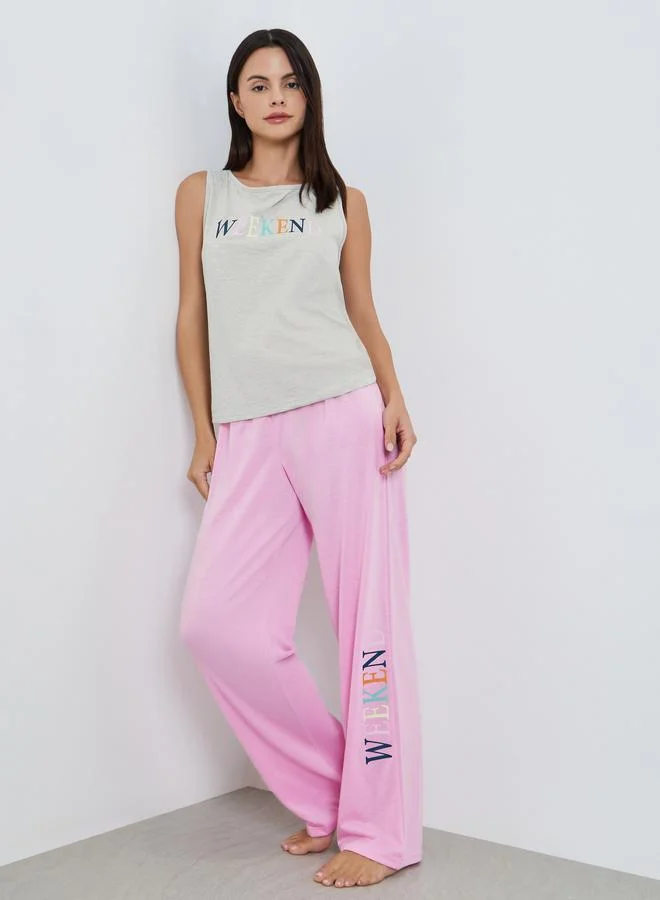 Styli Women Weekend Slogan Sleeveless Top and Pyjama Set
