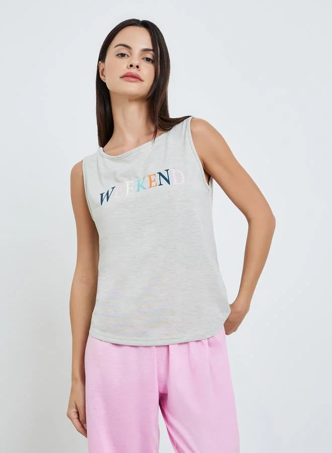 Styli Women Weekend Slogan Sleeveless Top and Pyjama Set