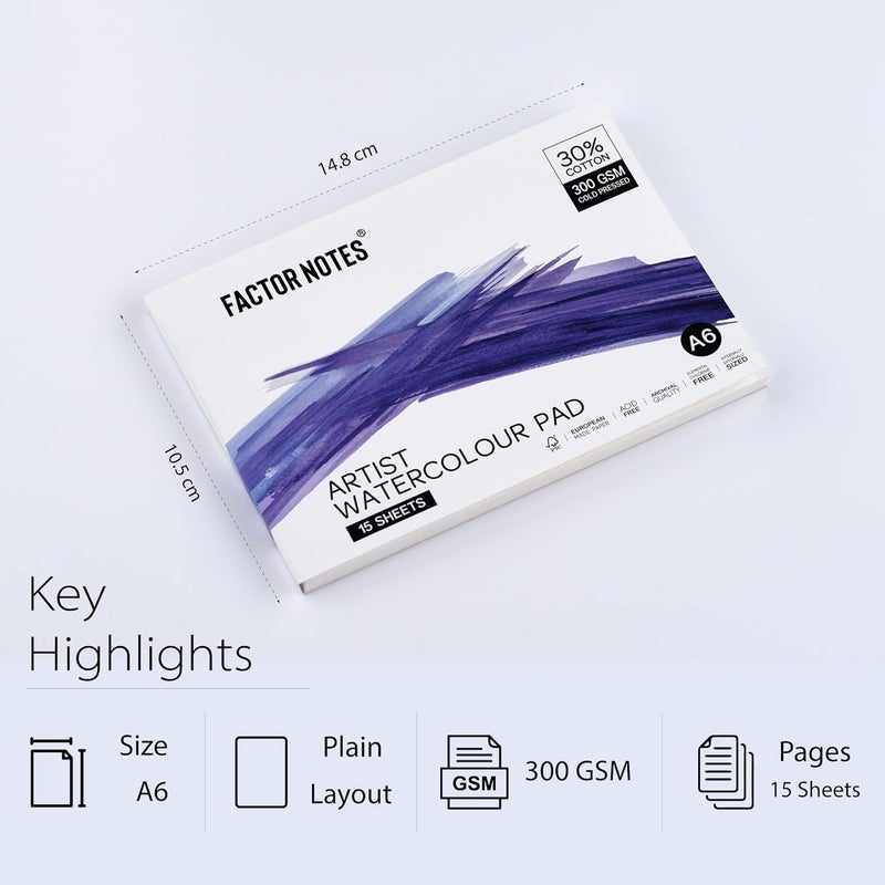 FACTOR NOTES دفتر ألوان مائية للفنان: 30% قطن، 300 GSM، مضغوط بارد، ورق قابل للتمزيق خالي من الحمض (A6) - Image 2