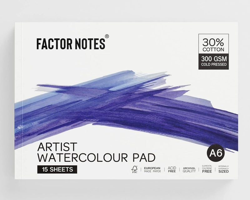 FACTOR NOTES دفتر ألوان مائية للفنان: 30% قطن، 300 GSM، مضغوط بارد، ورق قابل للتمزيق خالي من الحمض (A6) - Image 1