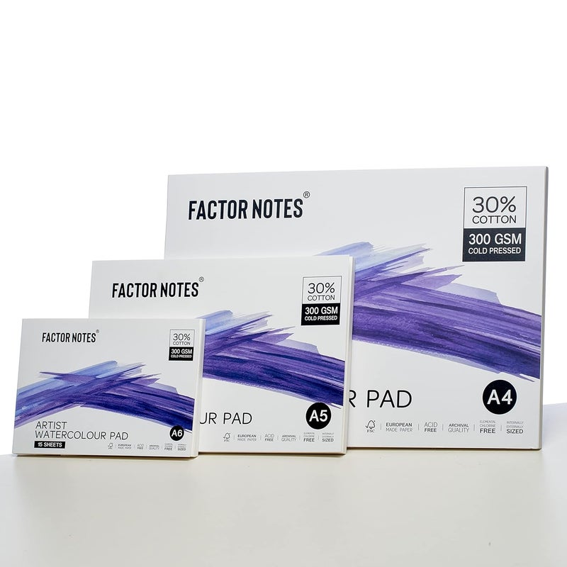 FACTOR NOTES دفتر ألوان مائية للفنان: 30% قطن، 300 GSM، مضغوط بارد، ورق قابل للتمزيق خالي من الحمض (A6) - Image 5