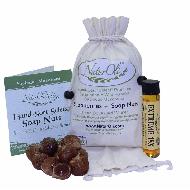 NaturOli Soap Nuts/Soap Berries - 4oz organic (60 loads) + 18X Travel Bottle! Select Seedless - 1 Wash Bag, 8-pg info, Tote Bag. Organic Laundry Soap - Image 1