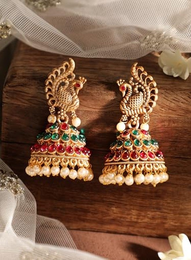 Rubans 22 kT Gold-Plated Peacock Shaped Kundan Studded Jhumkas For Women & Girls - Image 3