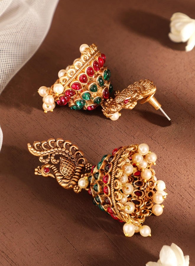 Rubans 22 kT Gold-Plated Peacock Shaped Kundan Studded Jhumkas For Women & Girls - Image 2