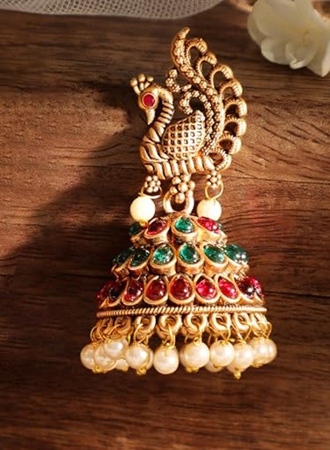 Rubans 22 kT Gold-Plated Peacock Shaped Kundan Studded Jhumkas For Women & Girls - Image 4