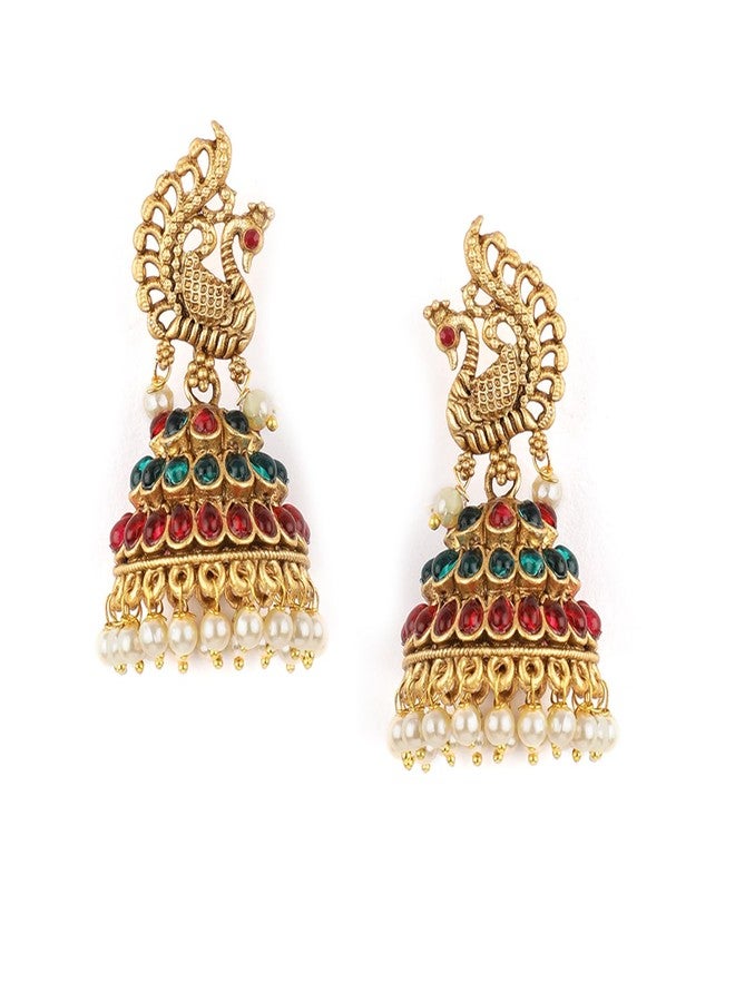 Rubans 22 kT Gold-Plated Peacock Shaped Kundan Studded Jhumkas For Women & Girls - Image 1