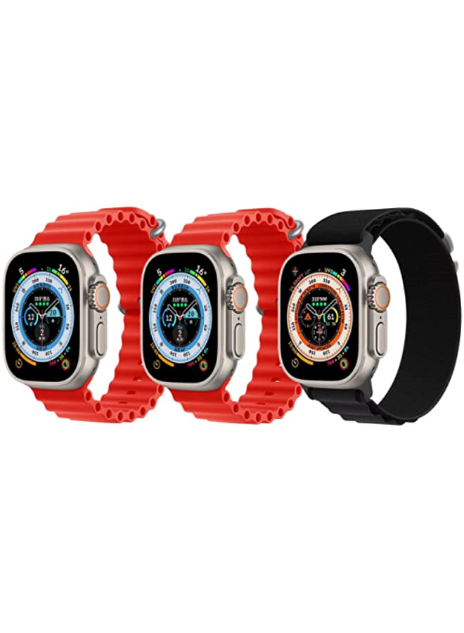 IAF Silicone Ocean Band Strap for Apple Watch Ultra 8 49mm Set of 3, Red, Black