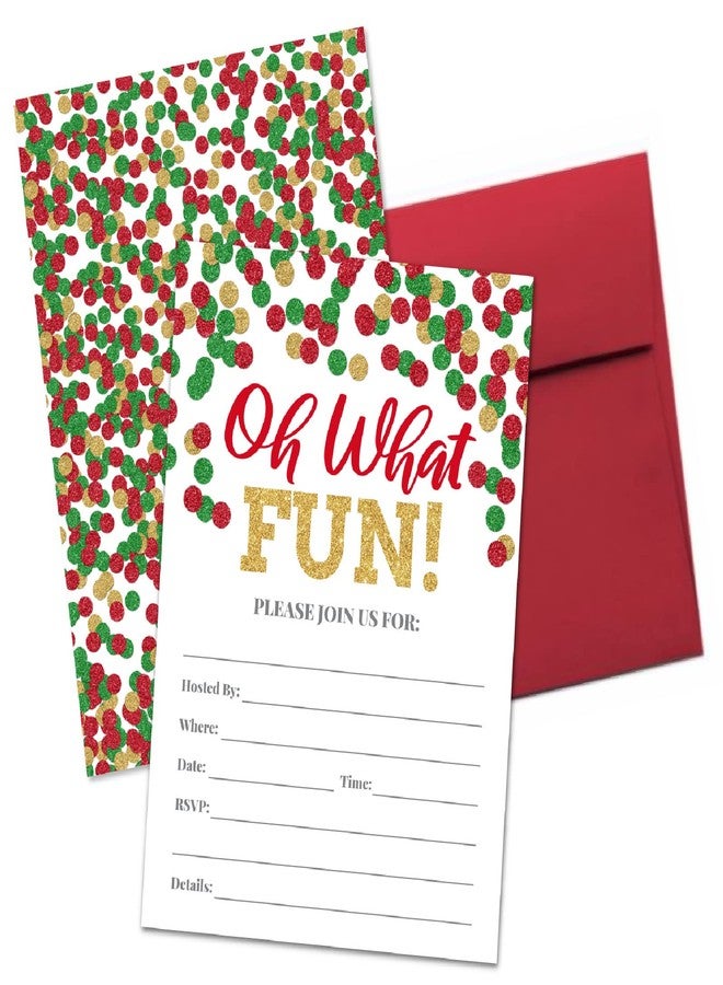 Pink Pixie Studio 20 Holiday Party Invitations Oh What Fun with Red, Green and Gold Dots, (NOT real glitter) Christmas Eve, Office, Church, Bridal or Baby Shower, Friend, Family or Neighbor Season Events - Image 1