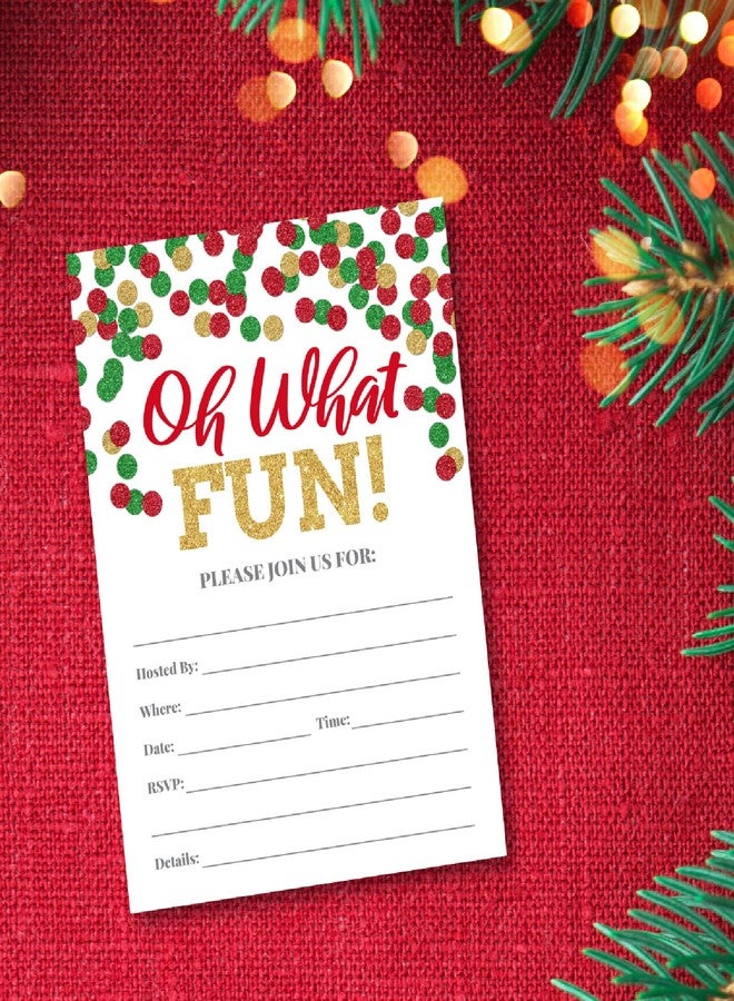 Pink Pixie Studio 20 Holiday Party Invitations Oh What Fun with Red, Green and Gold Dots, (NOT real glitter) Christmas Eve, Office, Church, Bridal or Baby Shower, Friend, Family or Neighbor Season Events - Image 3