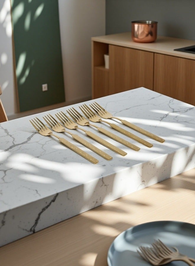 C&E Titanium Fork 6-Piece Set, Home Kitchen Laser Flower Tea Fork Set, Gold With Printing - Image 1