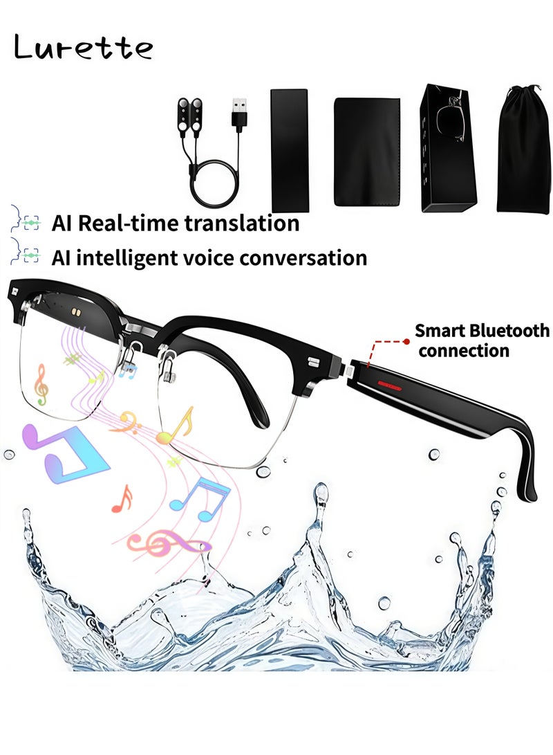 لوريت نظارات ذكية، ترجمة فورية بتقنية الذكاء الاصطناعي لـ 144 لغة، نظارات صوتية بتقنية بلوتوث مع مكبرات صوت، حماية من الأشعة فوق البنفسجية المستقطبة، صوت مفتوح الأذن، مساعد صوتي يعمل باللمس، نظارات بلوتوث 5.3 مضادة للضوء الأزرق للرجال والنساء - أسود - Image 1