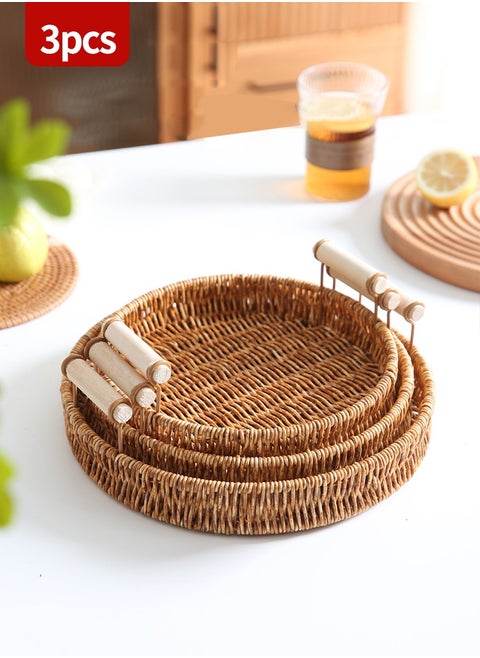 3 Piece Rattan Basket Food Bread Basket Serving Tray Fruit Basket Storage Organizer for Home Decor and Table Centerpieces