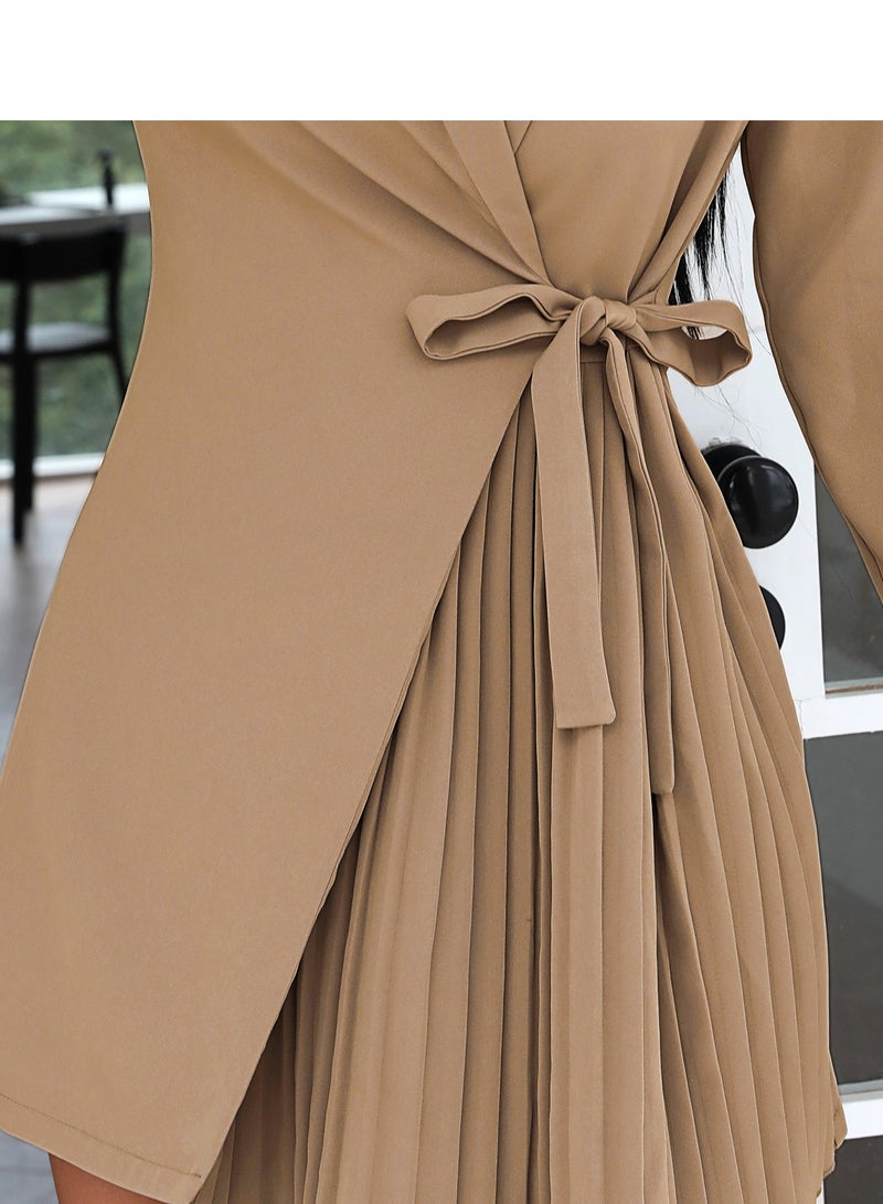Shougu Solid Color Lace Up Pleated Suit Style Jacket Dress  - Image 3
