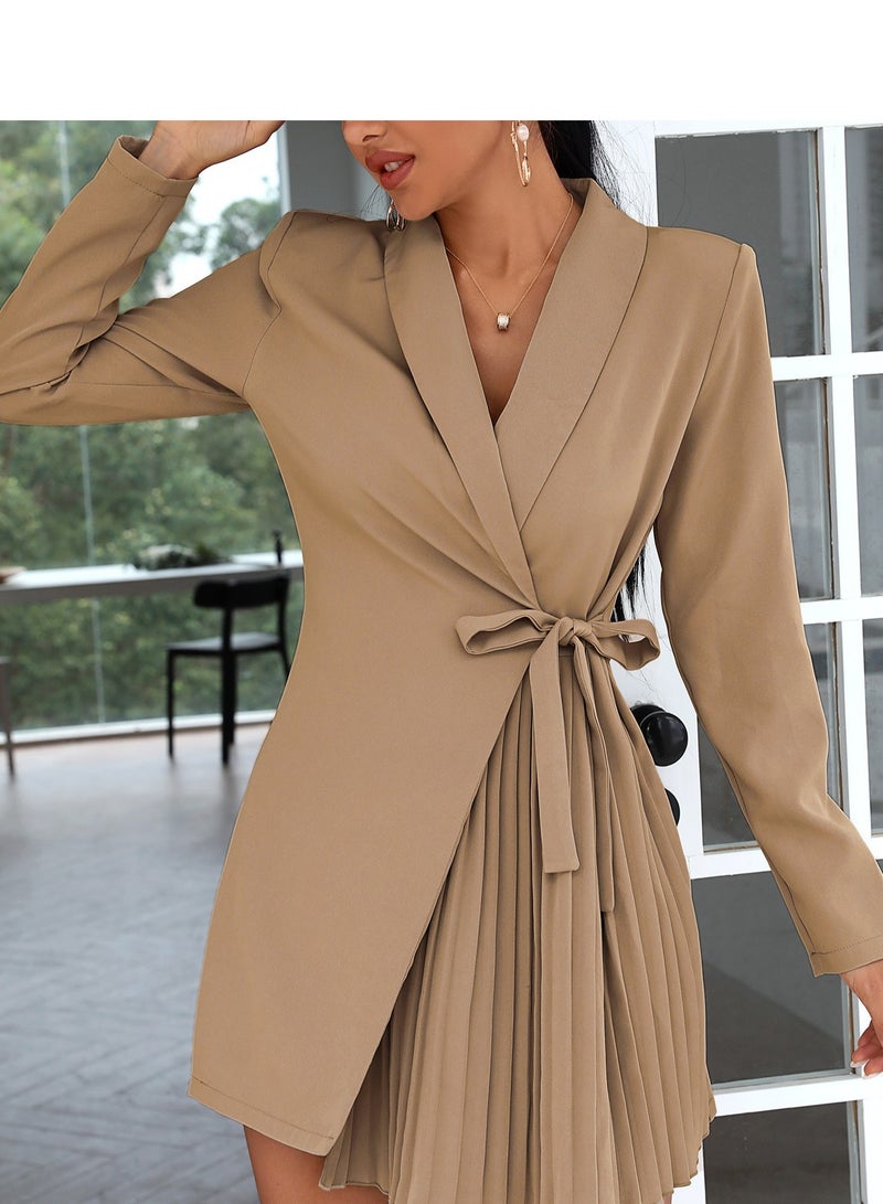 Shougu Solid Color Lace Up Pleated Suit Style Jacket Dress  - Image 5